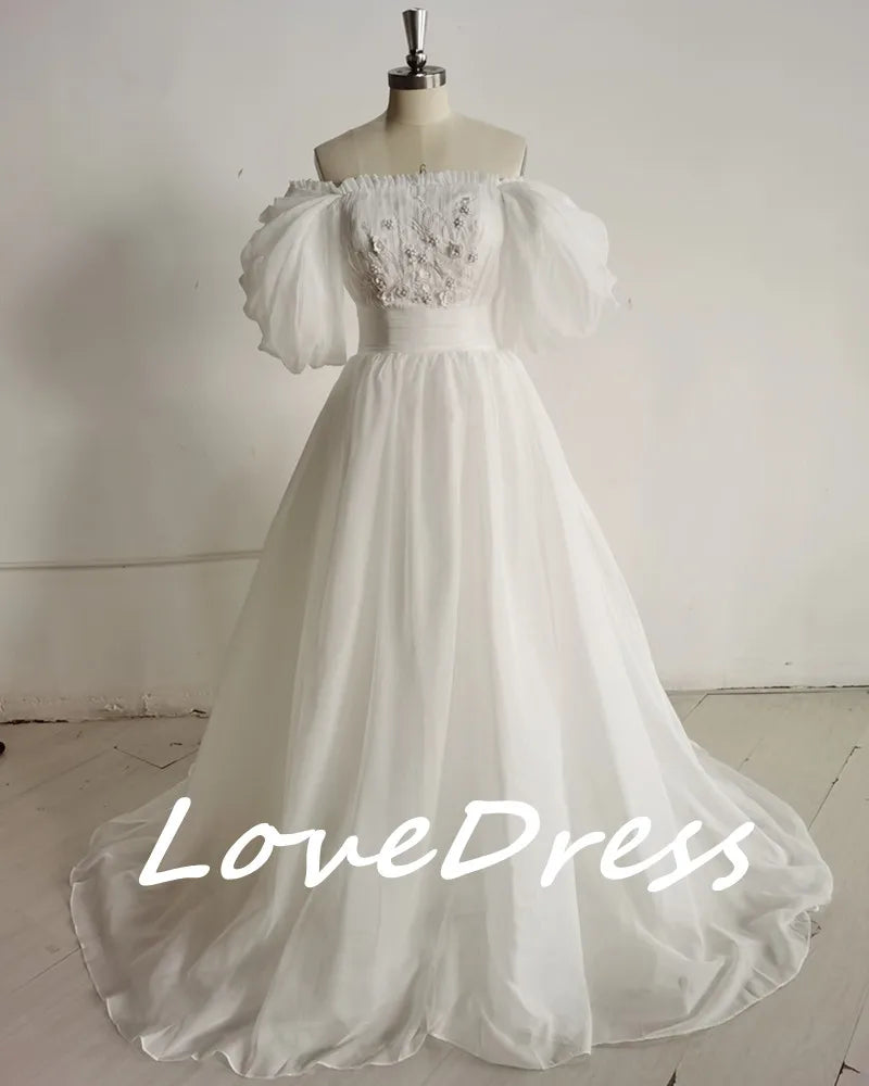 Boho off the Shoulder Princess Wedding Dress Sweetheart Appliqued Puff Sleeves Bride Dress A-Line Backless for Bride Gown