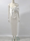 Sexy Women's Heavy Industry Nail Bead Dress Shoulder Collar Bodycon Backless Midi Dress Cocktail Evening Party Vestidos WHITE