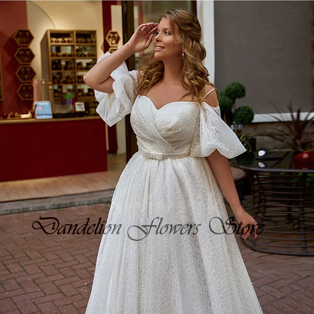 K Plus Size Brautkleider für Braut von der Schulter Kurzärärmeln Brautkleider Schnürung Sweep Zug A-Line Robe de Mariée