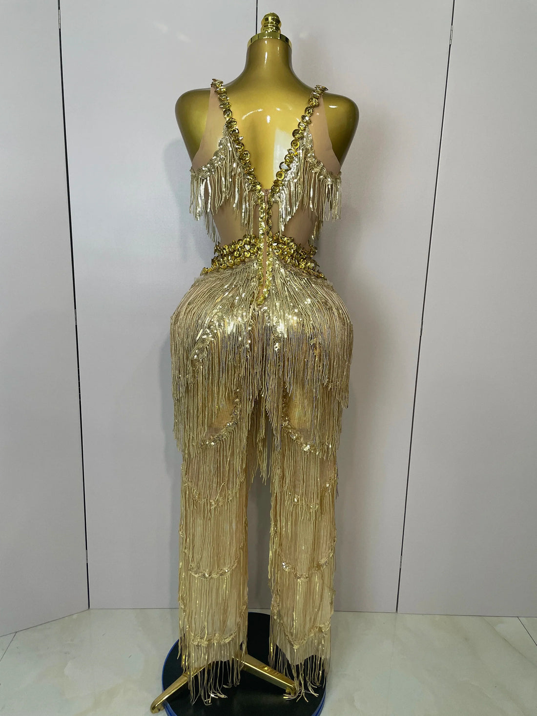 Shiny Gold Rhinestones Sequined Fringe Wide-leg jumpsuit Women Sexy Night Party Club Outfit Singer Stage Perform Costume Gold