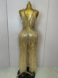 Shiny Gold Rhinestones Sequined Fringe Wide-leg jumpsuit Women Sexy Night Party Club Outfit Singer Stage Perform Costume