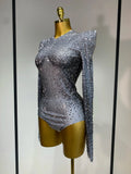 Sparkle Silver Rhinestones Stretch Bodysuits Women Luxury Birthday Evening Party Sexy Nightclub Singer Stage Costume
