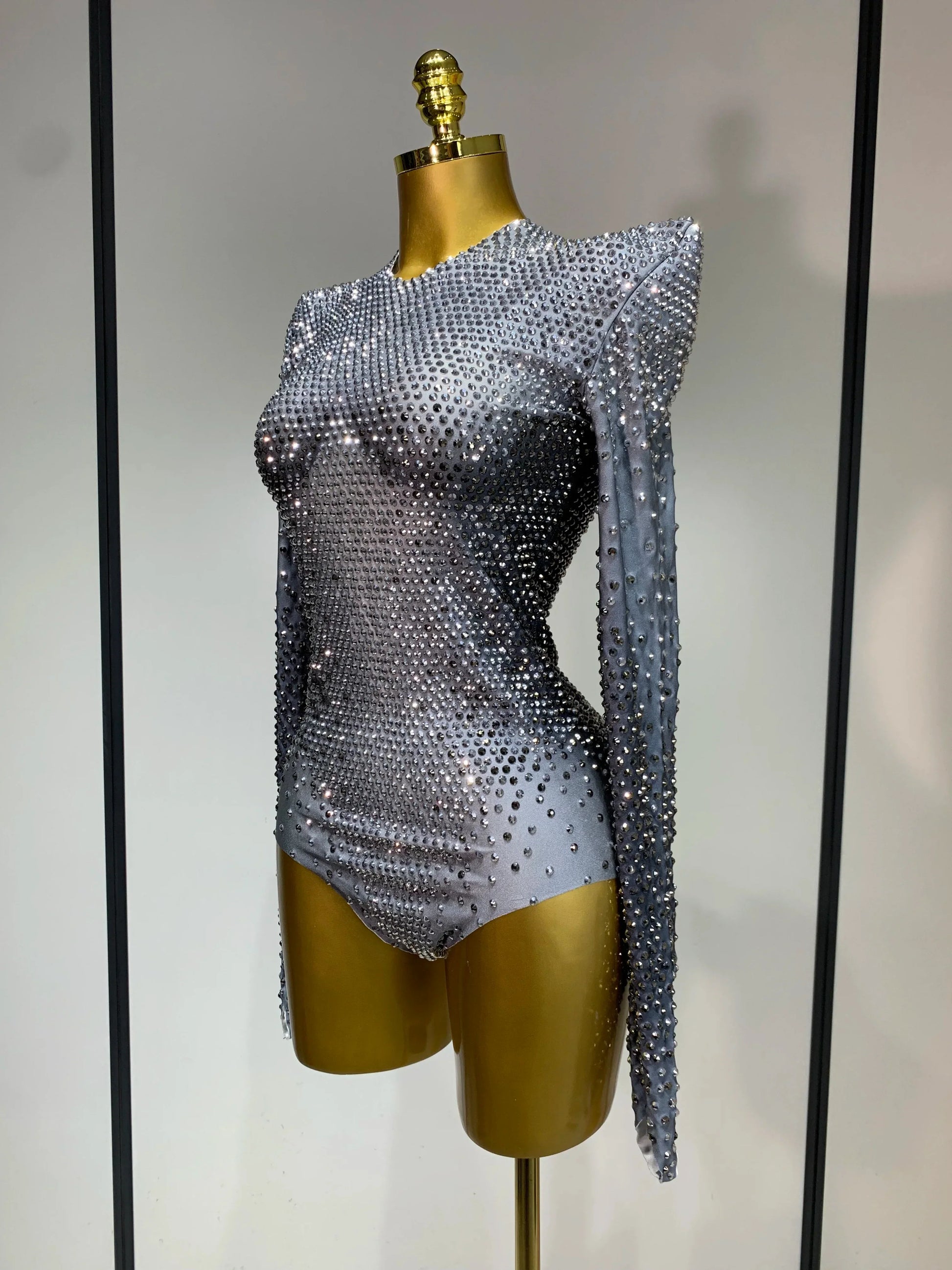 Sparkle Silver Rhinestones Stretch Bodysuits Women Luxury Birthday Evening Party Sexy Nightclub Singer Stage Costume