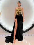 Sexy Backless Long Skirt 2 Pieces Set Women Strapless Golden Ruched Lace Up Top with Black High Slit Maxi Skirt Party Suits