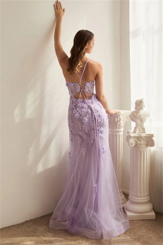 Sexy 3D Lace Embroid Mermaid Vestidos De Noche Lavender Fishtail Prom Dress 2023 Fairy Trumpet Corset فساتين السهرة