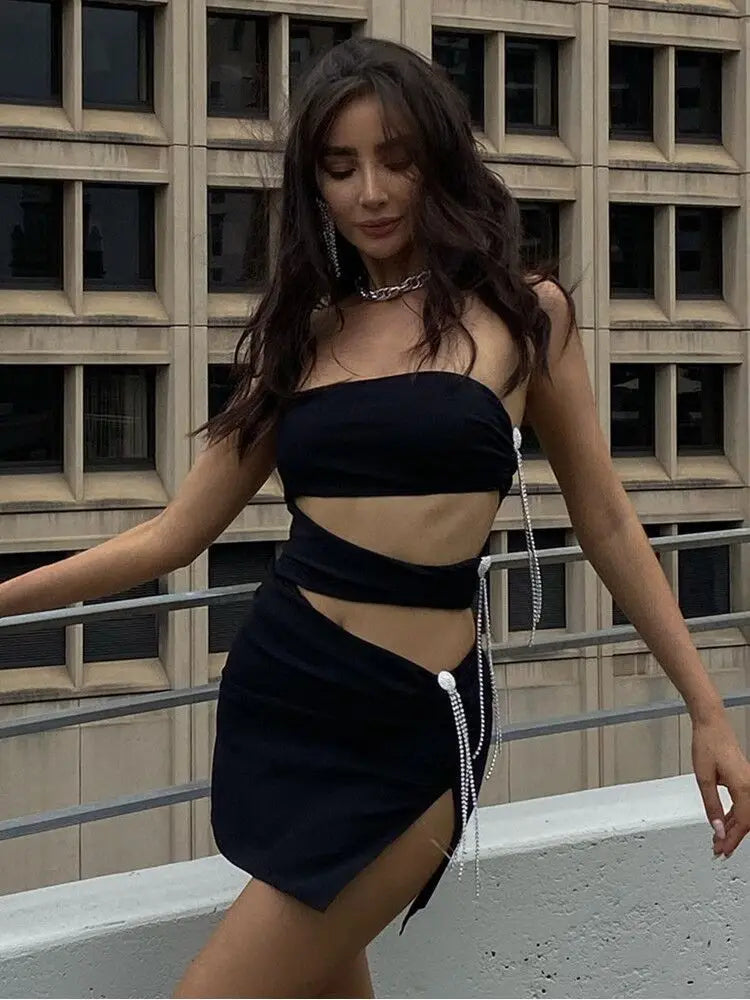 Hot Sexy Hollow Out Shining Diamonds Long Tassel Strapless Sleeveless Split Mini Dress Hotsweet Lady Summer Party Vestido