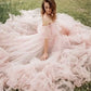 Princess Ball Gown Vestidos De Noche Sweet Off Shoulder Prom Dress Light Pink Tulle Sweep Train فساتين السهرة