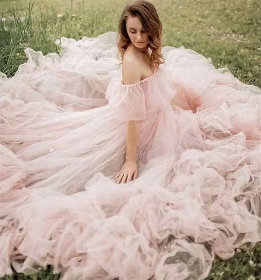 Princess Ball Gown Vestidos De Noche Sweet Off Shoulder Prom Dress Light Pink Tulle Sweep Train فساتين السهرة