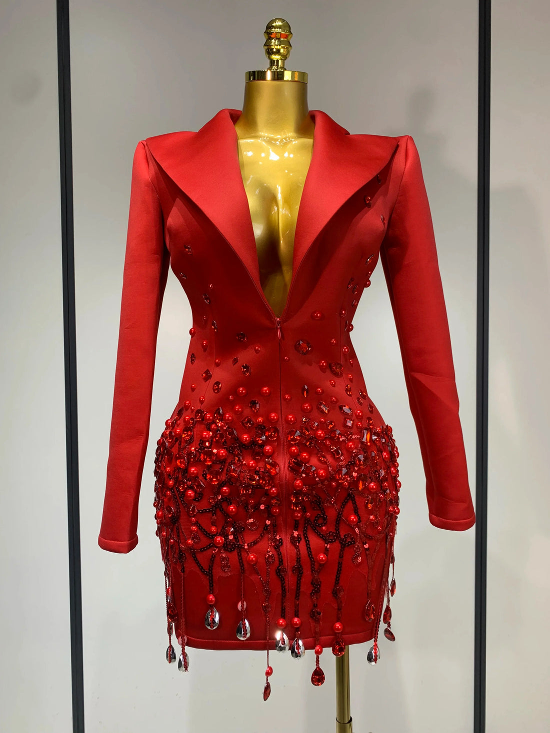 Luxury Rhinestone Deep V-Neck Slim Fit Red Suit Dress Fashion Celebirty Elegant Evening Club Party Dresses Red