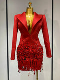 Luxury Rhinestone Deep V-Neck Slim Fit Red Suit Dress Fashion Celebirty Elegant Evening Club Party Dresses Red