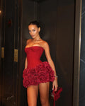 Christmas Dress Strapless Backless Red Structured Floral Embellished Mini Length Bodycon Celebrity Party Cocktail Dress