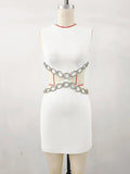 Sexy Women's Waist Set with Diamond Chain Design Bandage Dress O-Neck Sleeveless Bodycon Bareback Mini Dress Party Vestidos WHITE