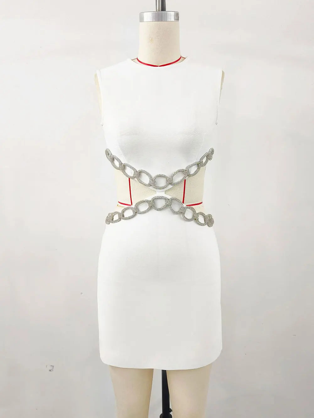 Sexy Women's Waist Set with Diamond Chain Design Bandage Dress O-Neck Sleeveless Bodycon Bareback Mini Dress Party Vestidos WHITE