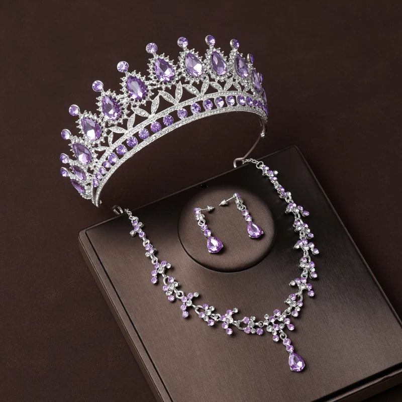 Luxury Silver Color Crystal Water Drop Bridal Jewelry Sets Rhinestone Tiaras Crown Necklace Earrings Wedding Dubai Jewelry Set TS-0015-K-XL-0018-G Tiaras