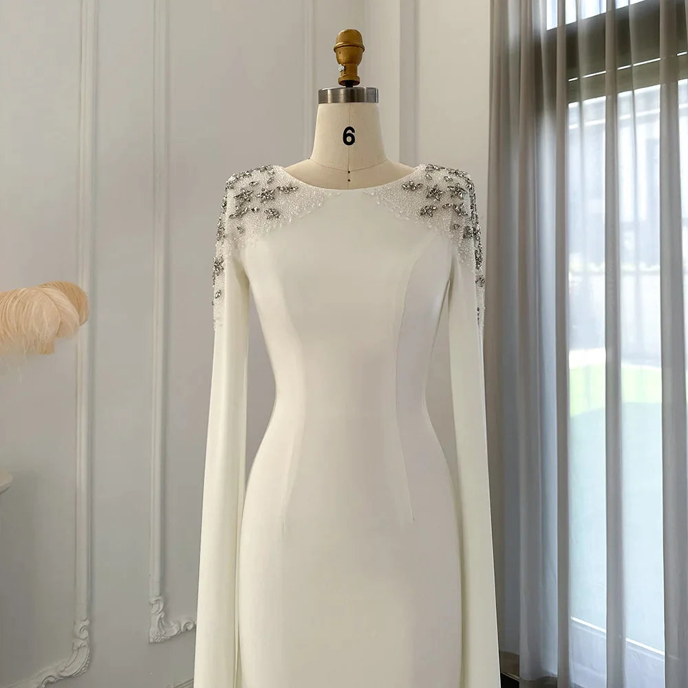 Vestido de noche elegante de sirena blanca de Dubái para mujer, vestidos formales largos musulmanes con mangas de capa para fiesta de boda 
