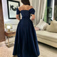 Dark Blue A-line Prom Dressess Off the Shoulder Floor-Length Beaded Vestidos De Noche Detachable Train Cocktail Party