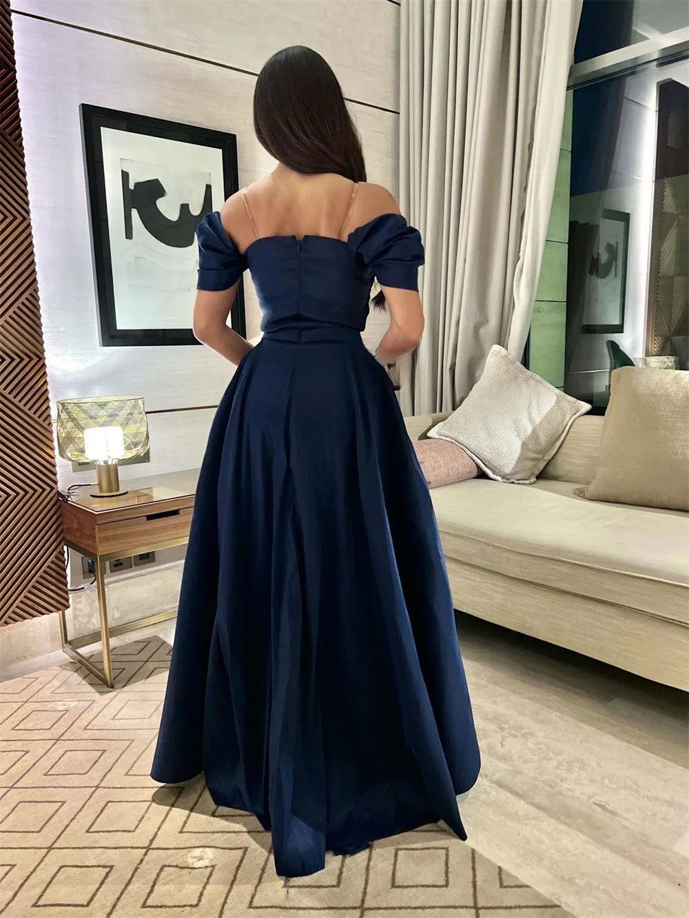 Dark Blue A-line Prom Dressess Off the Shoulder Floor-Length Beaded Vestidos De Noche Detachable Train Cocktail Party