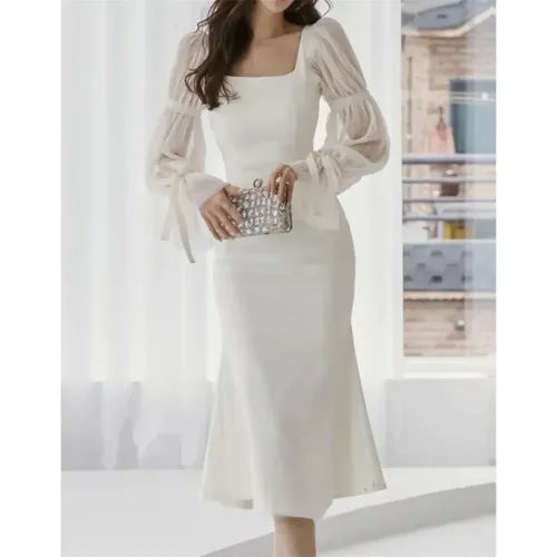 Elegant White فساتين سهره فاخره Mermaid Satin Prom Dresses Brilliant Ankle Length Long Puffy Sleeves Vestidos De Noche as pic