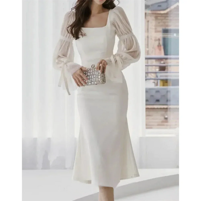 Elegant White فساتين سهره فاخره Mermaid Satin Prom Dresses Brilliant Ankle Length Long Puffy Sleeves Vestidos De Noche