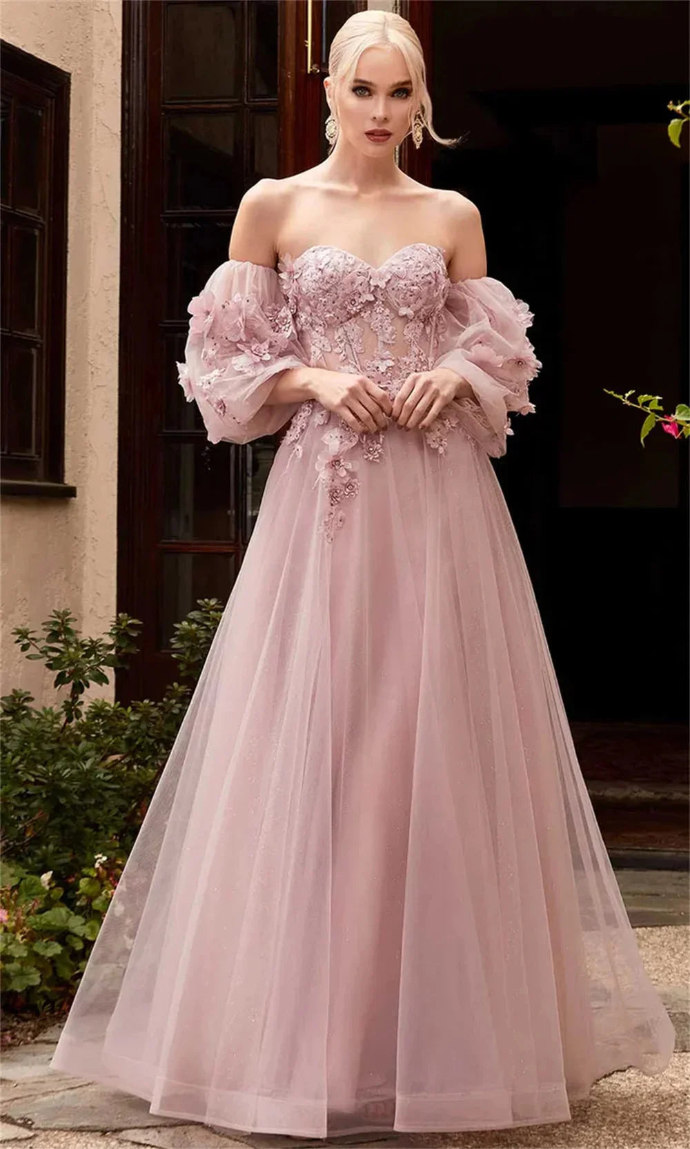 Pink Off Shoulder Tulle Prom Dress Elegant Lace Embroidery A-line vestidos par boda Sweetheart Puffy Sleeves Wedding Dress