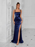Sexy Women Cocktail Evening Dress Spaghetti Strap Wedding Guest Maxi Night Gown Lady Sexy Party Club Gala Dresses Navy Blue