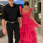 Princess Pink Prom Dress Sweet Multi-layer Evening Dress Sweetheart Floor Lengths فستان سهرة Short Sleeve Party Dresses