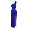 Gorgeous Blue Sequin Crystal One-Shoulder Cut-out High Slit Details Dress Evening Gown Blue