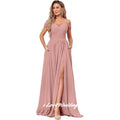 Pink Chiffon Bridesmaid Dresses Off the Shoulder Spaghetti-Strap A-Line Side Split Lace-Up Wedding Party Dresses Customized