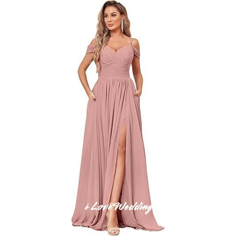 Pink Chiffon Bridesmaid Dresses Off the Shoulder Spaghetti-Strap A-Line Side Split Lace-Up Wedding Party Dresses Customized