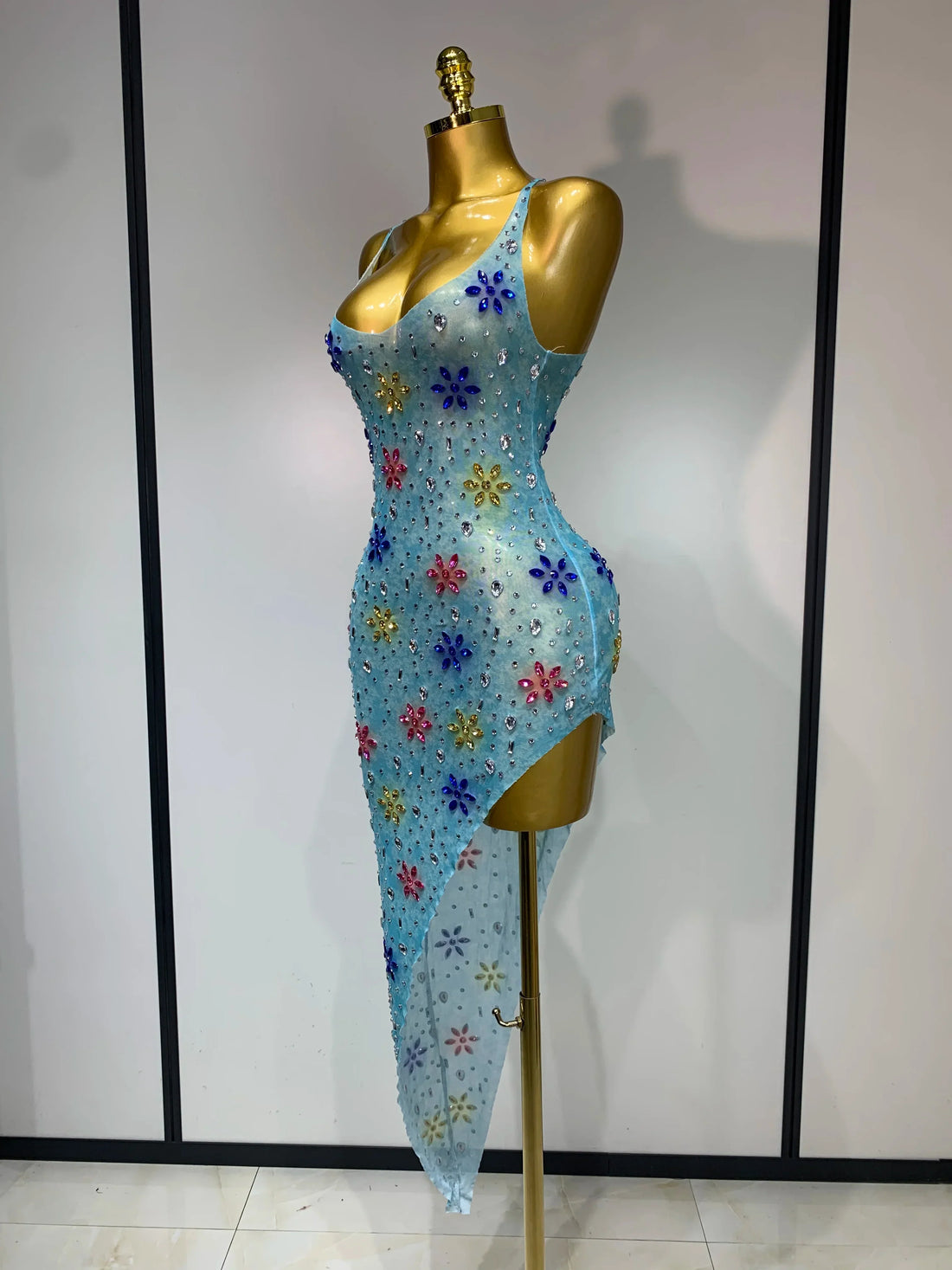 Newest Sexy Mesh High Split Sparkly Diamonds See Through Dress Luxury Birthday Dress Women Celebrate Party Stage Outfit SKY BLUE