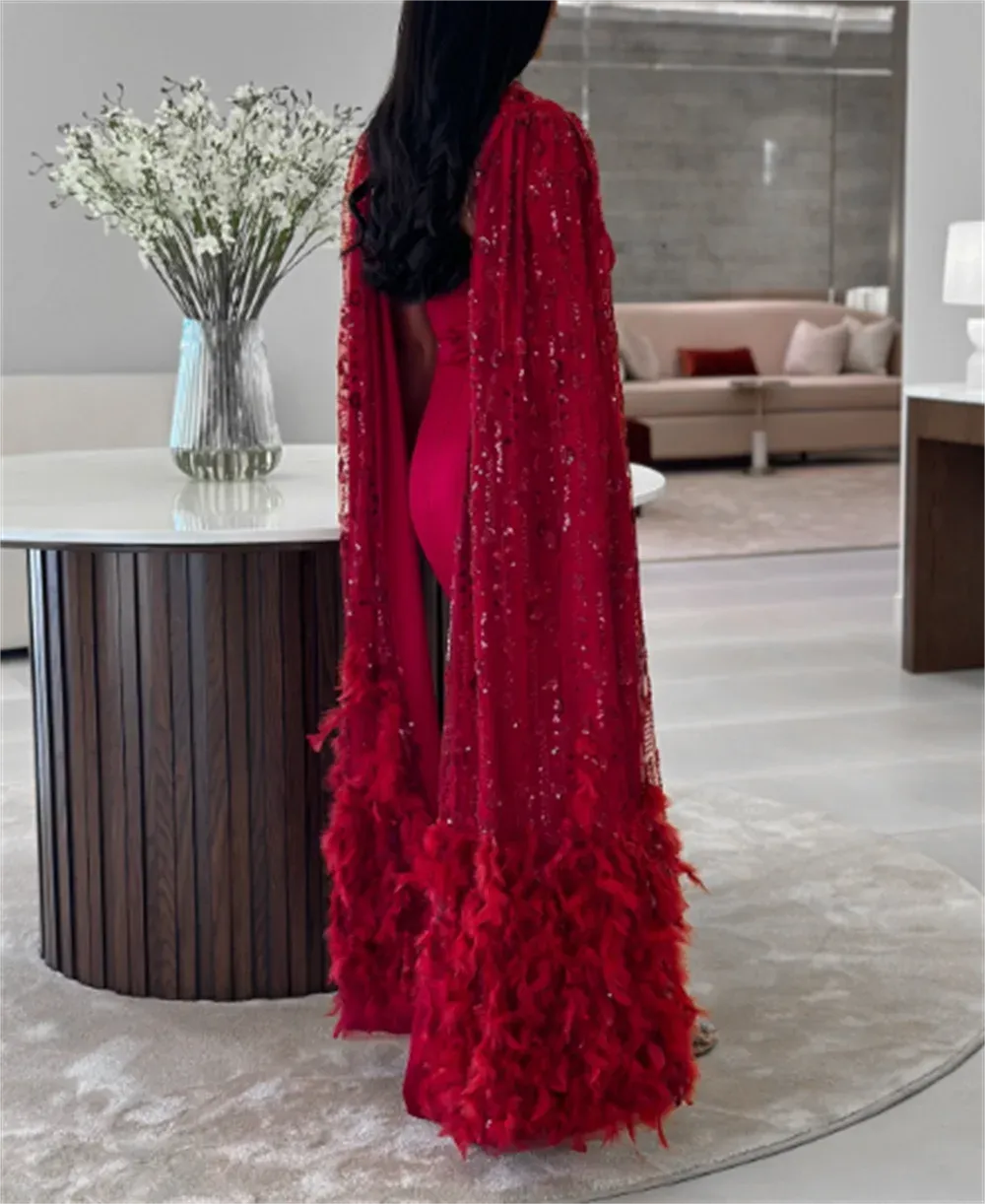 Luxury Burgundy Mermaid فساتين السهرة With Feathered Shawl Sexy Fishtail With Cape Sleeve Prom Gown Trumpet Evening Dress
