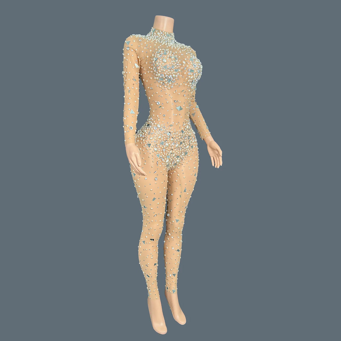 Women Mesh Geometric Sequins Long Sleeved Stretch Tight Jumpsuit Bar Nightclub DJ Female Singer Stage Performance Clothing Didi Nude