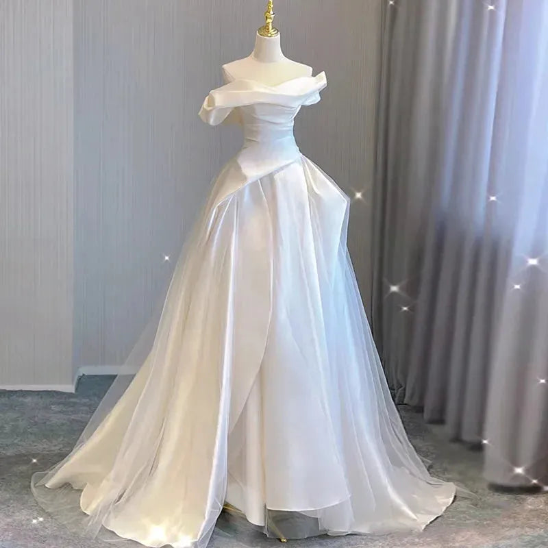 Luxury French White Satin Trailing Bride Wedding Dress Sexy Off Shoulder Backless Ball Gown Wedding Evening Prom Women Dresses White