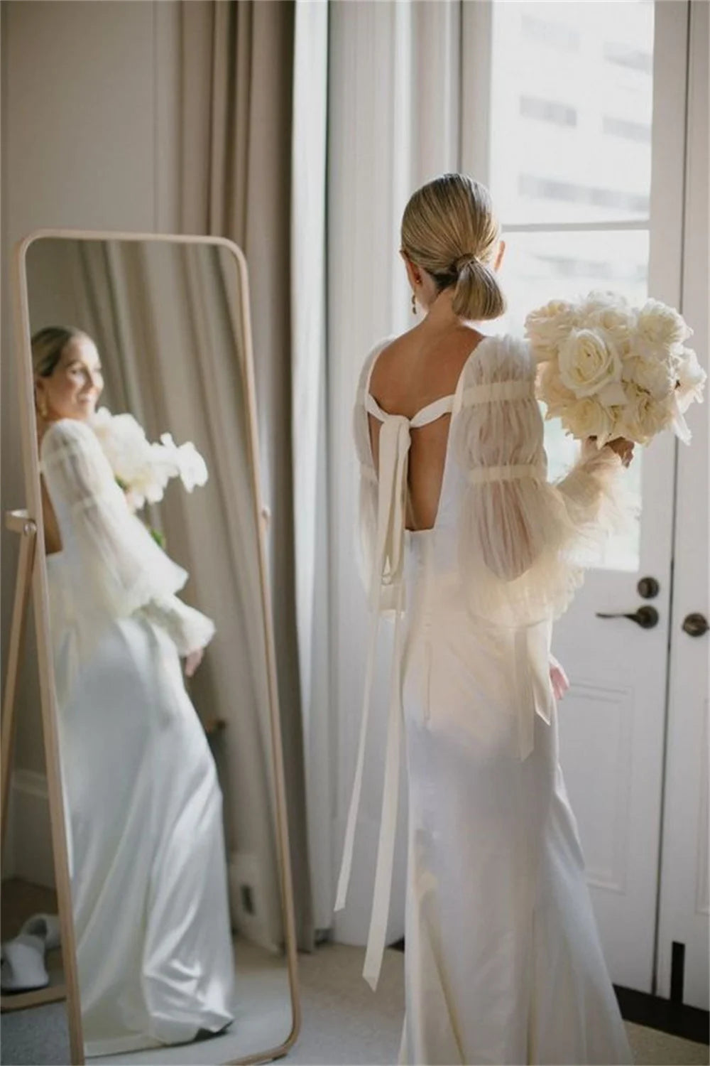 White Long Train Puff Sleeves Mermaid Wedding Dress Detachable Shawl فستان حفلات الزفاف Elegant Backless Prom Dress