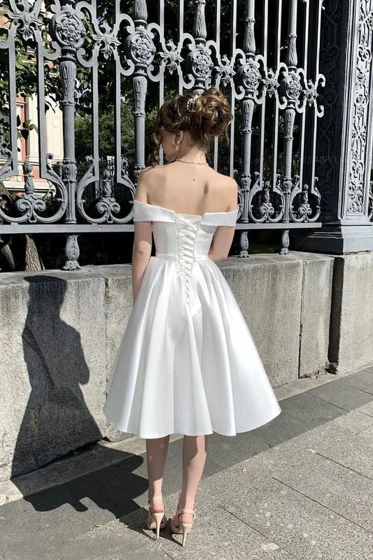 Simple Short Wedding Dress Satin Ivory A-line Wedding Gown with Pockets Custom Made Corset Bridal Dress