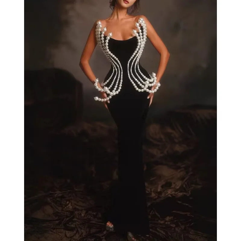 Luxury Pearl Geometric Design strapless Package Hips Bandage Long Dress Elegant Woman Party Dress Celebrity Party Vestido