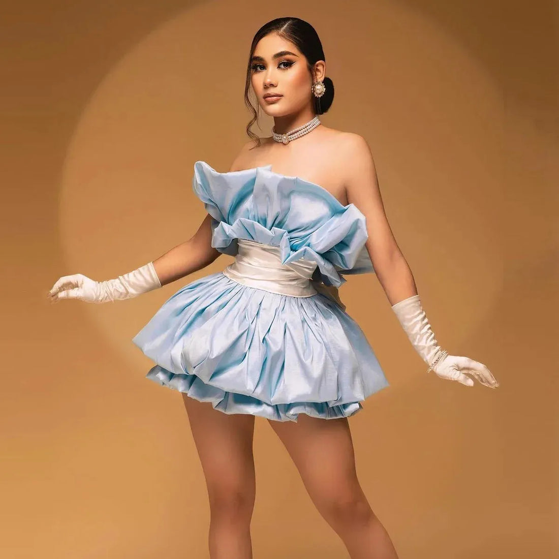 Light Blue Mini Party Dresses Strapless Ruffled Taffeta Short Prom Party Dress Women Formal Occasion Gown vestidos de fiesta Blue