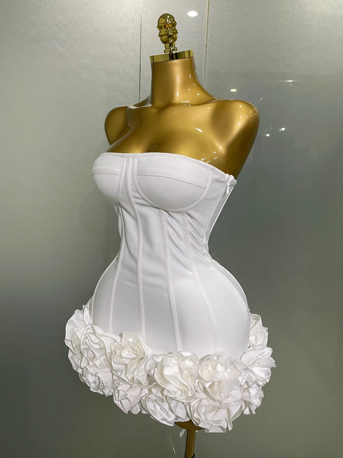 Women Evening Bandage Dress Strapless Bodycon Flowers Mini Celebrity Sexy Birthday Party Dresses Photo Shoot Nightclub Outfit WHITE