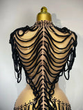 Women Sexy Fashion Short Dress Mesh Designer Rhinestones Chain Stage Costume Nightclub Celebrate Party Performance Outfit