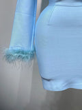 Women Fashion Sexy Long Sleeve Feathers Mini Bodycon Bandage Dress Elegant Evening Party Club Luxury Birthday Dresses