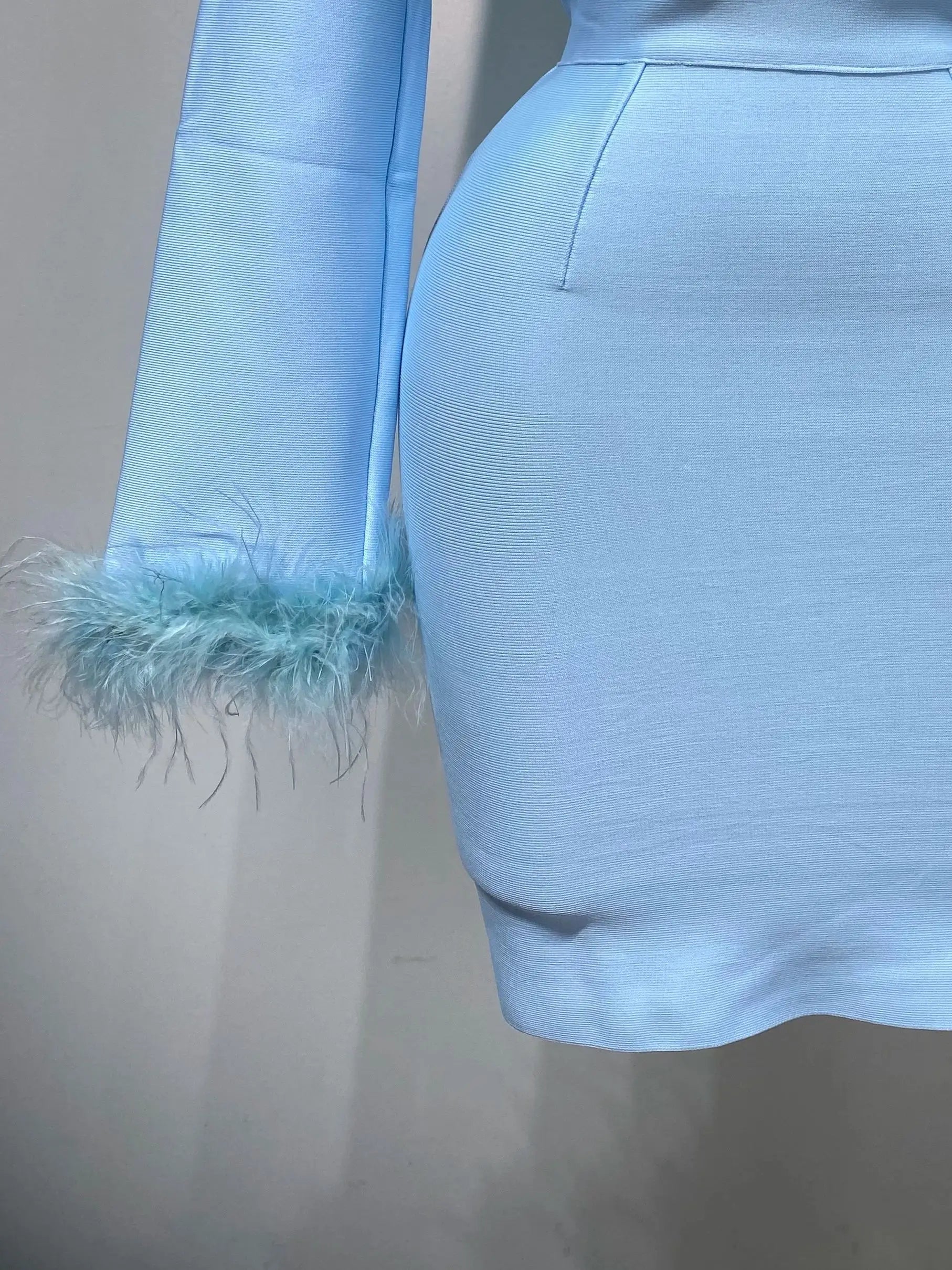 Women Fashion Sexy Long Sleeve Feathers Mini Bodycon Bandage Dress Elegant Evening Party Club Luxury Birthday Dresses