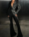 Spring Sparkling diamonds Sexy V-Neck Stylish Flare Pants Jumpsuit Woman Fashion Party Outfit Stage Performance Costume