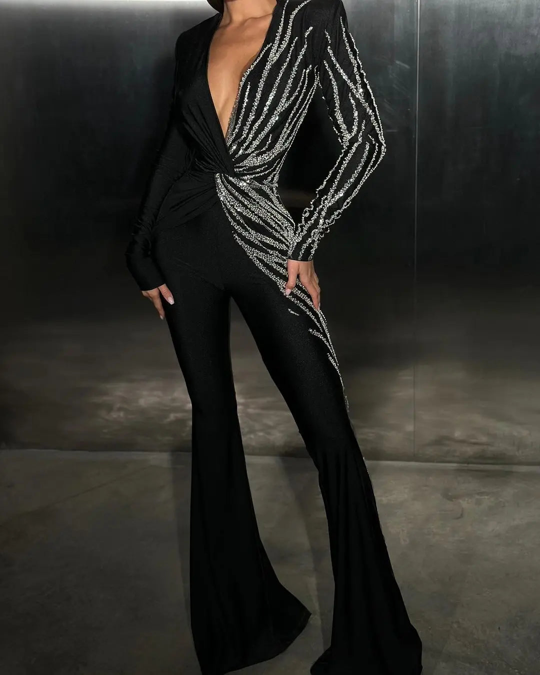 Spring Sparkling diamonds Sexy V-Neck Stylish Flare Pants Jumpsuit Woman Fashion Party Outfit Stage Performance Costume