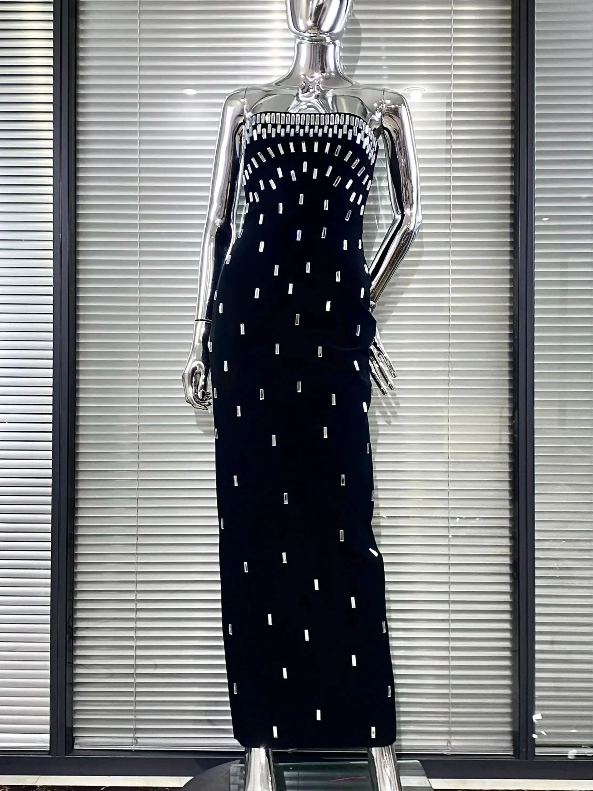 Sparkling Diamonds Fashion Woman Party Dress Strapless Black Bandage Ankle Length Dress Celebrity Birthday Party Outfit black