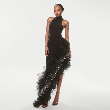 Top Quality Women Sexy Off the Shoulder Shinning Ruffles Bodycon Bandage Long Dress Celebrate Fashion Evening Party Outfit black