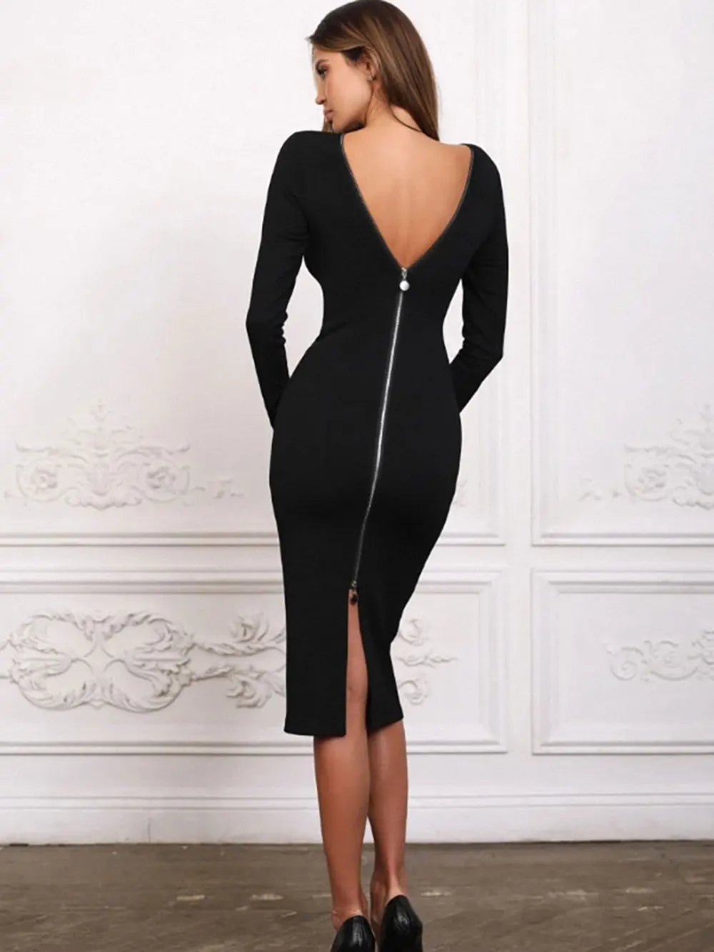 Sexy Women's Dress Front and Back Wearable O-neck Long sleeved Bodycon Zipper Design Midi Dresses Evening Party Vestidos