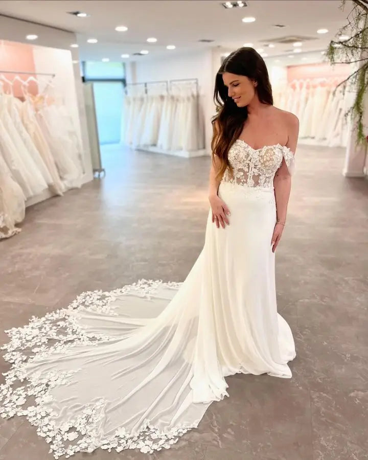 Beautiful Off Th Shoulder Sweethart Lace A Line Wedding Dresses Sweep Train Custom Made 2025