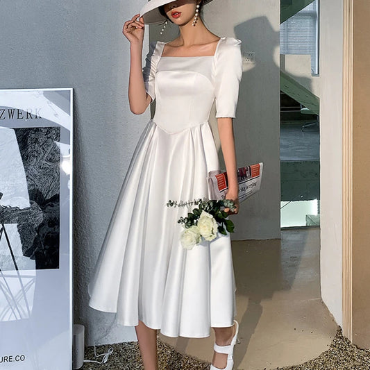 White Satin Evening Prom Dresses for Women Summer Square Collar A-LINE Dress Elegant Wedding Photos Formal Party vestidos