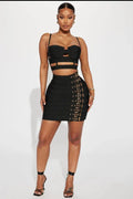 Fashion's Sexy Expose WaistWoman Set Hollow Out Short Spaghetti Strap Top And Blets Mini Skirt 2 Pieces High Street Wear black