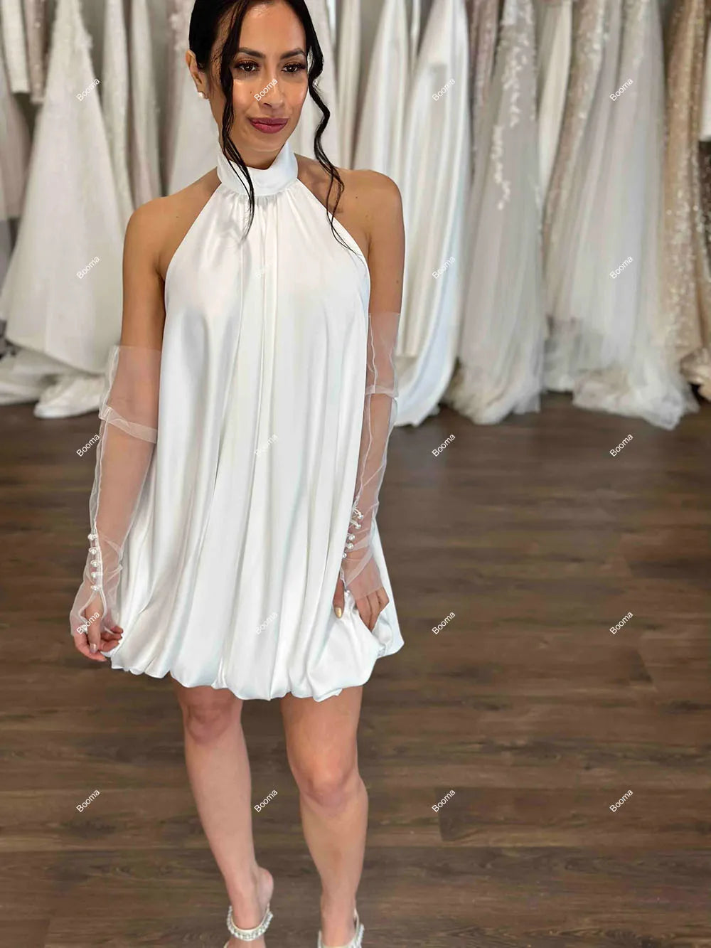 Einfache A-Linie kurze Hochzeitsfeier Kleider Halfer Puffrock Kleider Kleider Rückenloser Abschlussballkleider für Frauen Cocktailkleid
